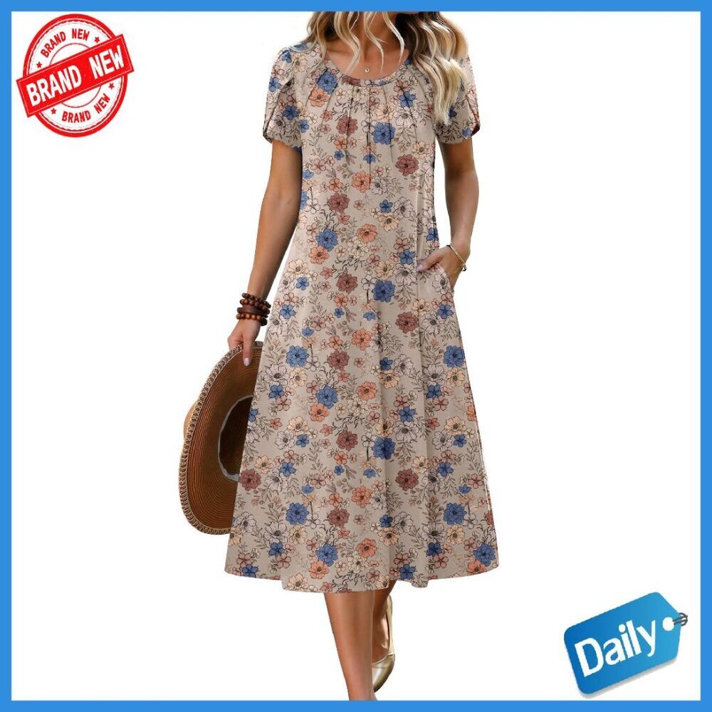 Pleated Midi Dress with Petal Sleeves, A-Line Flowy Summer Dress